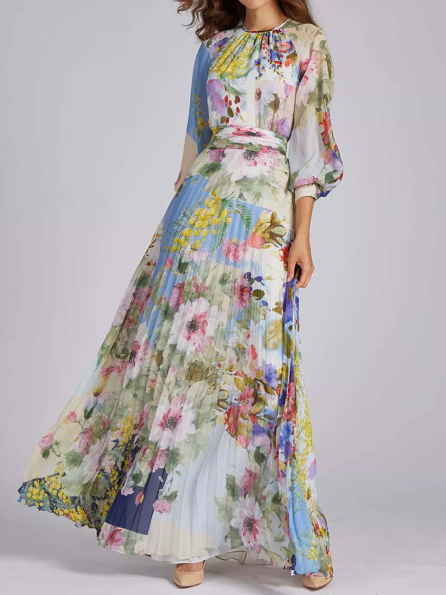 Patchwork Print Pleated Maxi Dress