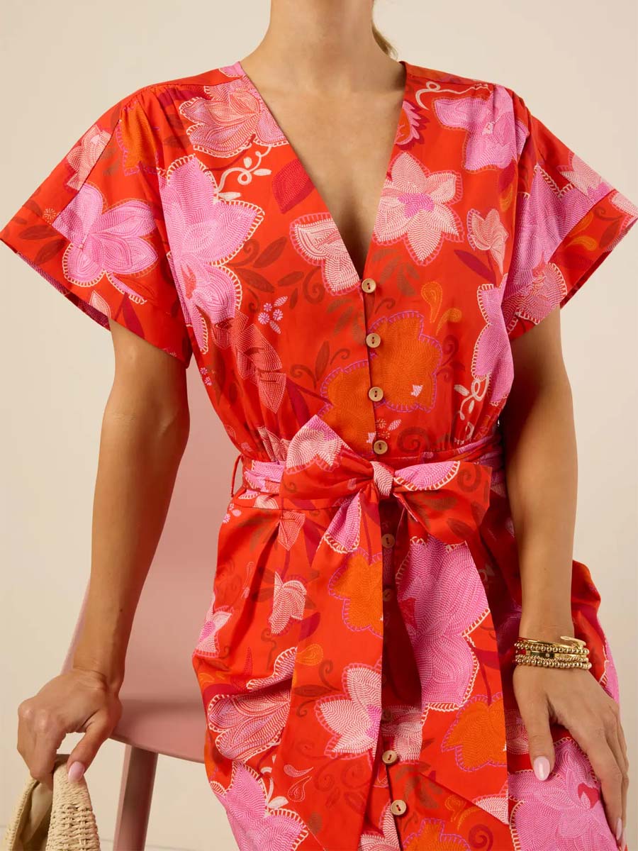Floral Print V-neck Button-front Belted Dress