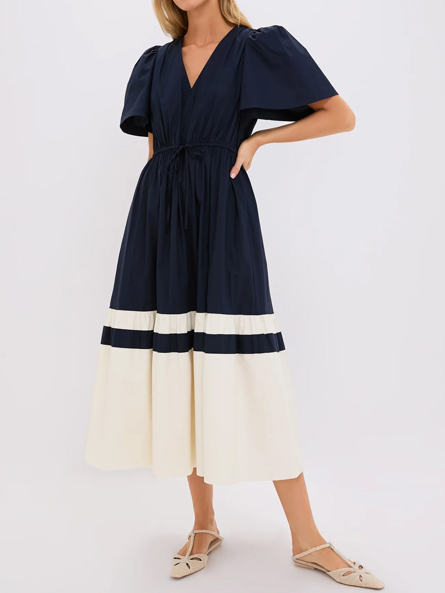 Short Flutter Sleeve Drawstring Waist Dress