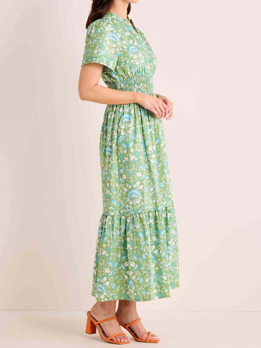 Split Neck Smocked Waist Printed Dress