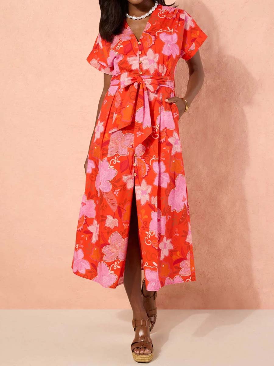Floral Print V-neck Button-front Belted Dress