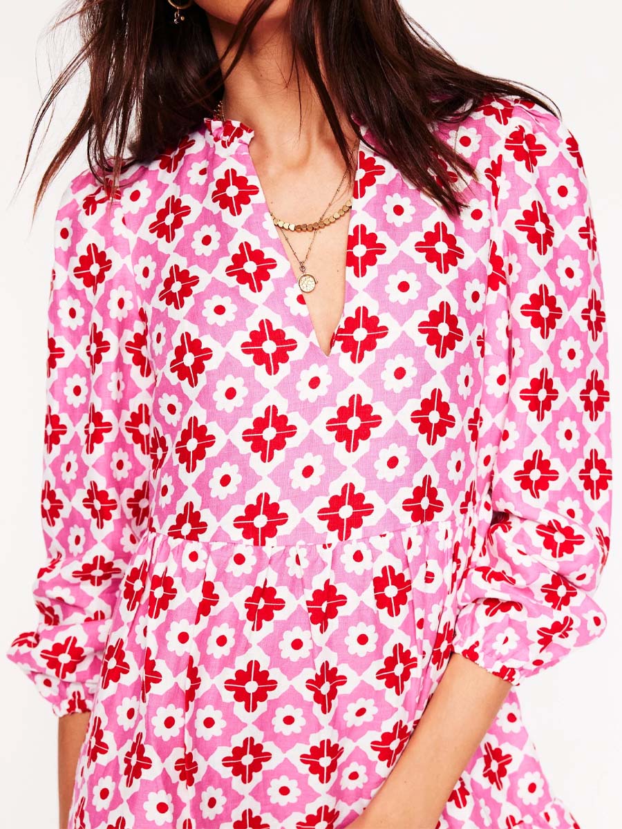 Split Neck Printed Long Sleeve Dress