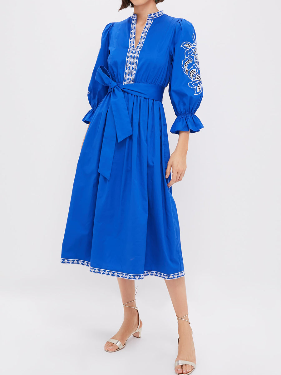 Mandarin Collar Embroidery Belted Dress