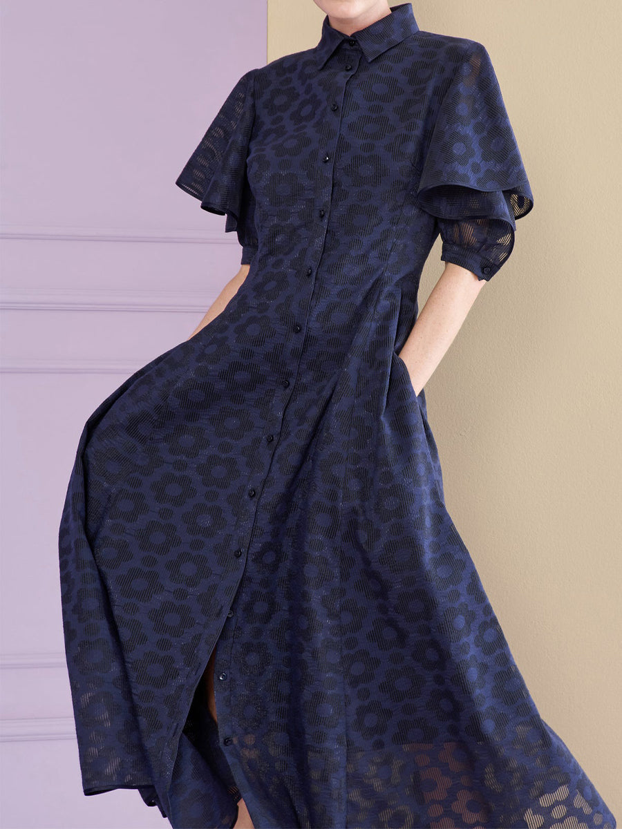 Short Flounced Sleeve Shirt Collar Dress