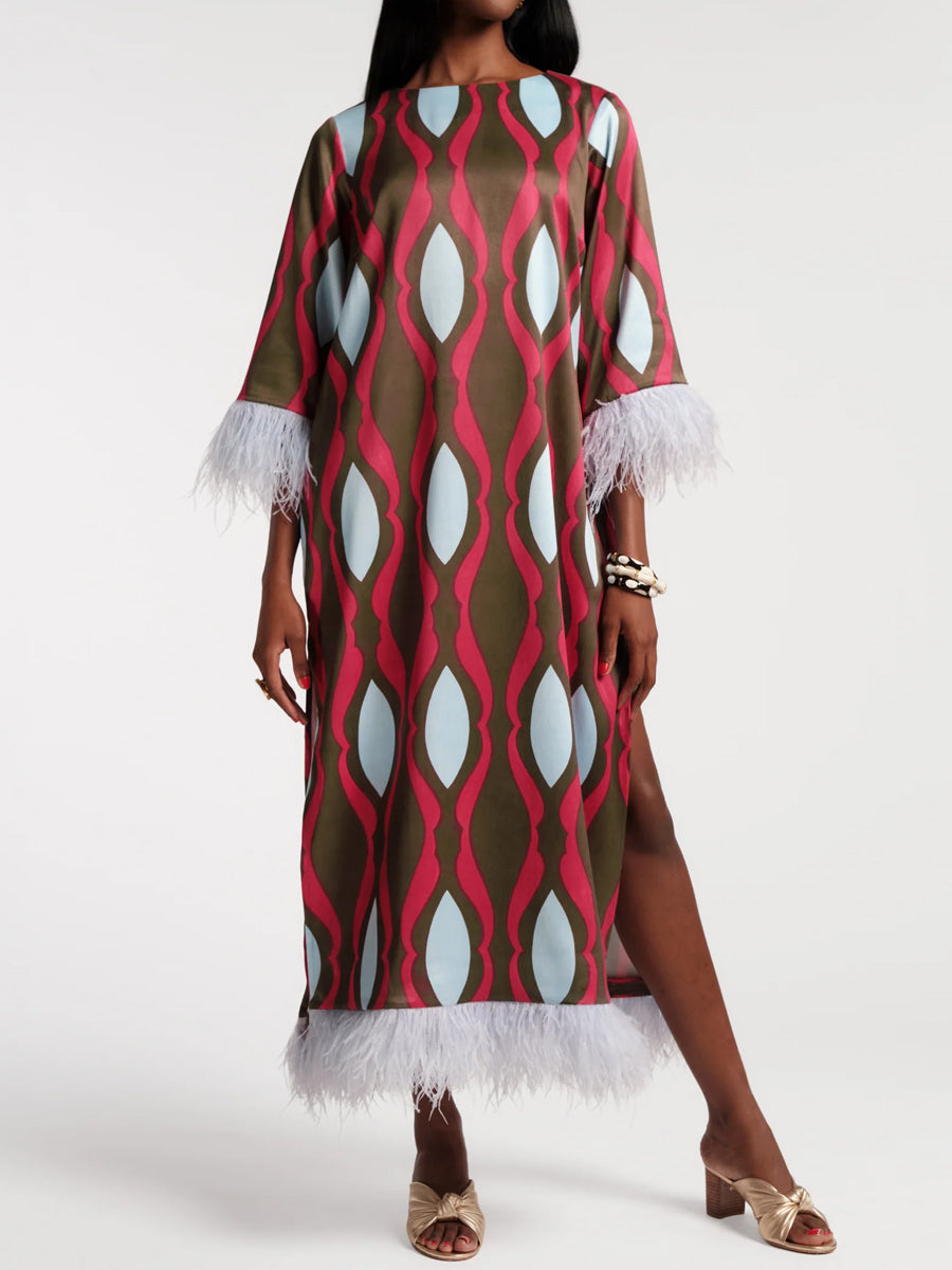 Geometric Print Faux-feather Cuff Maxi Dress