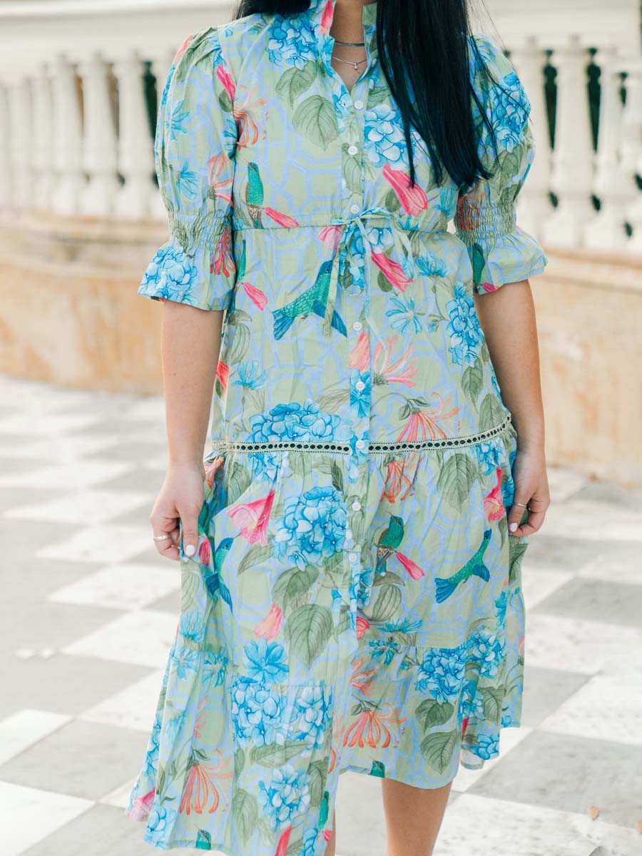 Printed Drawstring Waist Tiered Dress