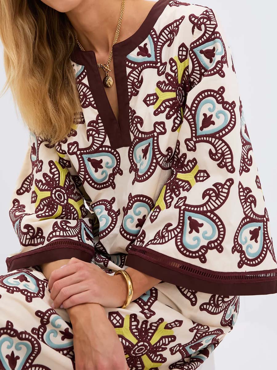 Embroidered Printed Slit Hem Maxi Dress