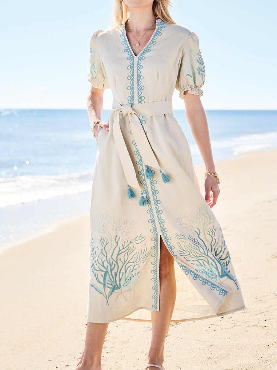 Stand Collar Embroidery Midi Dress