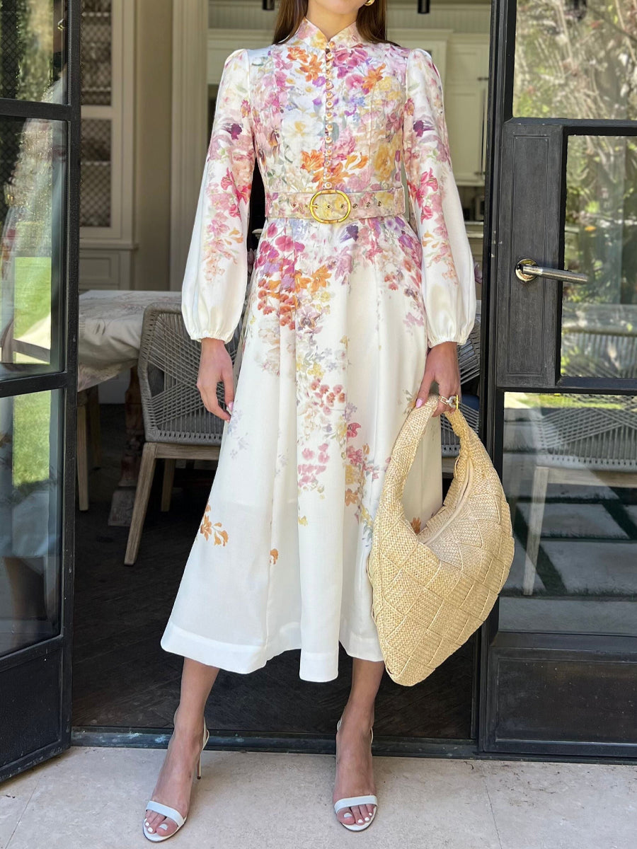 Placement Print Stand Collar Elegant Dress