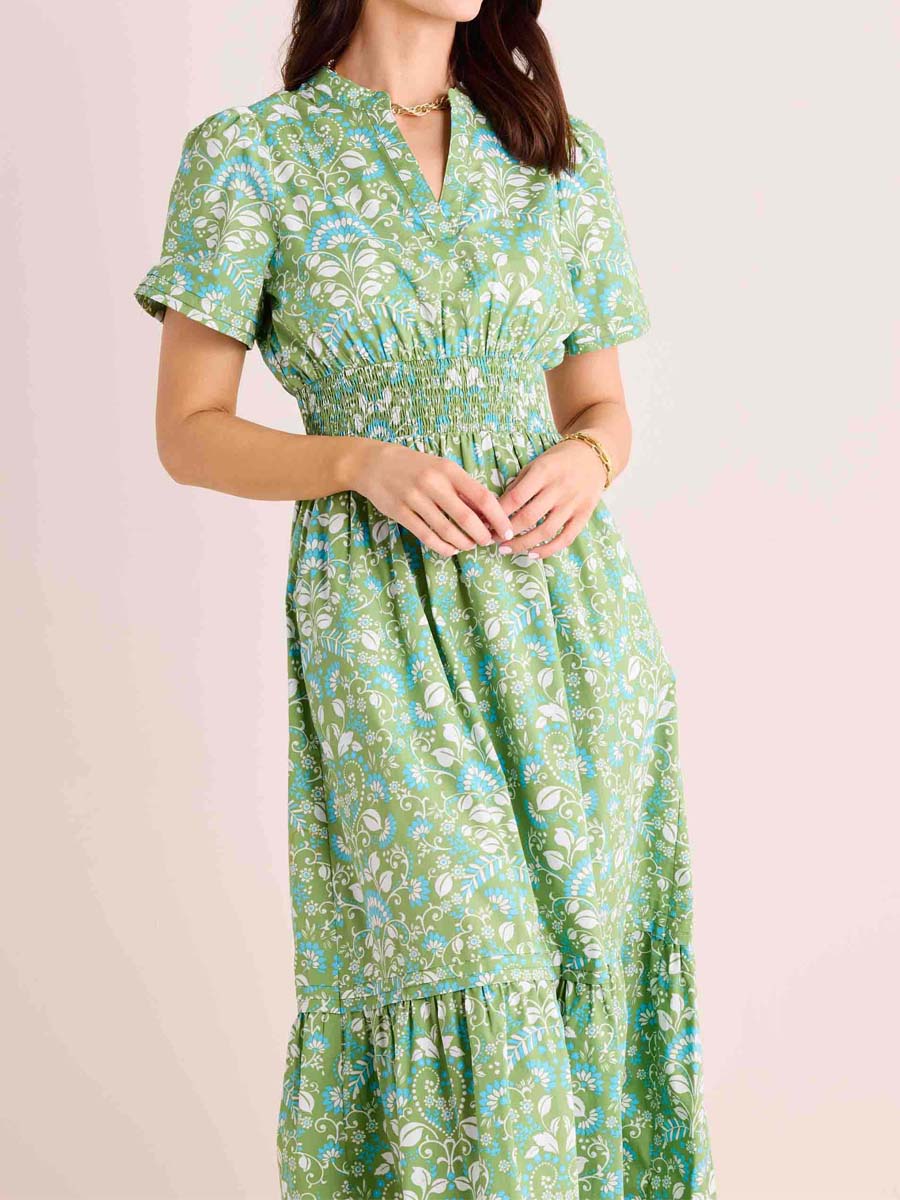 Split Neck Smocked Waist Printed Dress