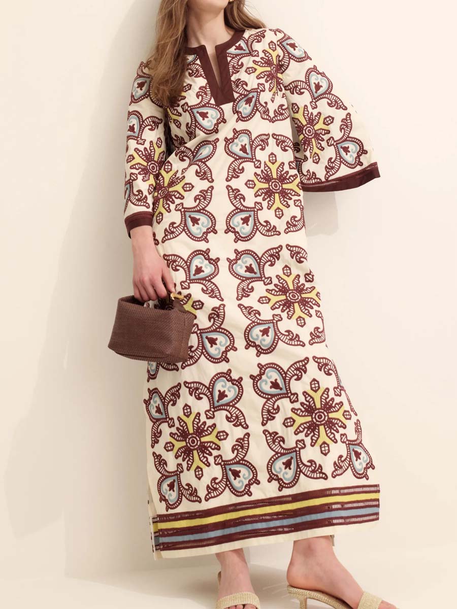 Embroidered Printed Slit Hem Maxi Dress