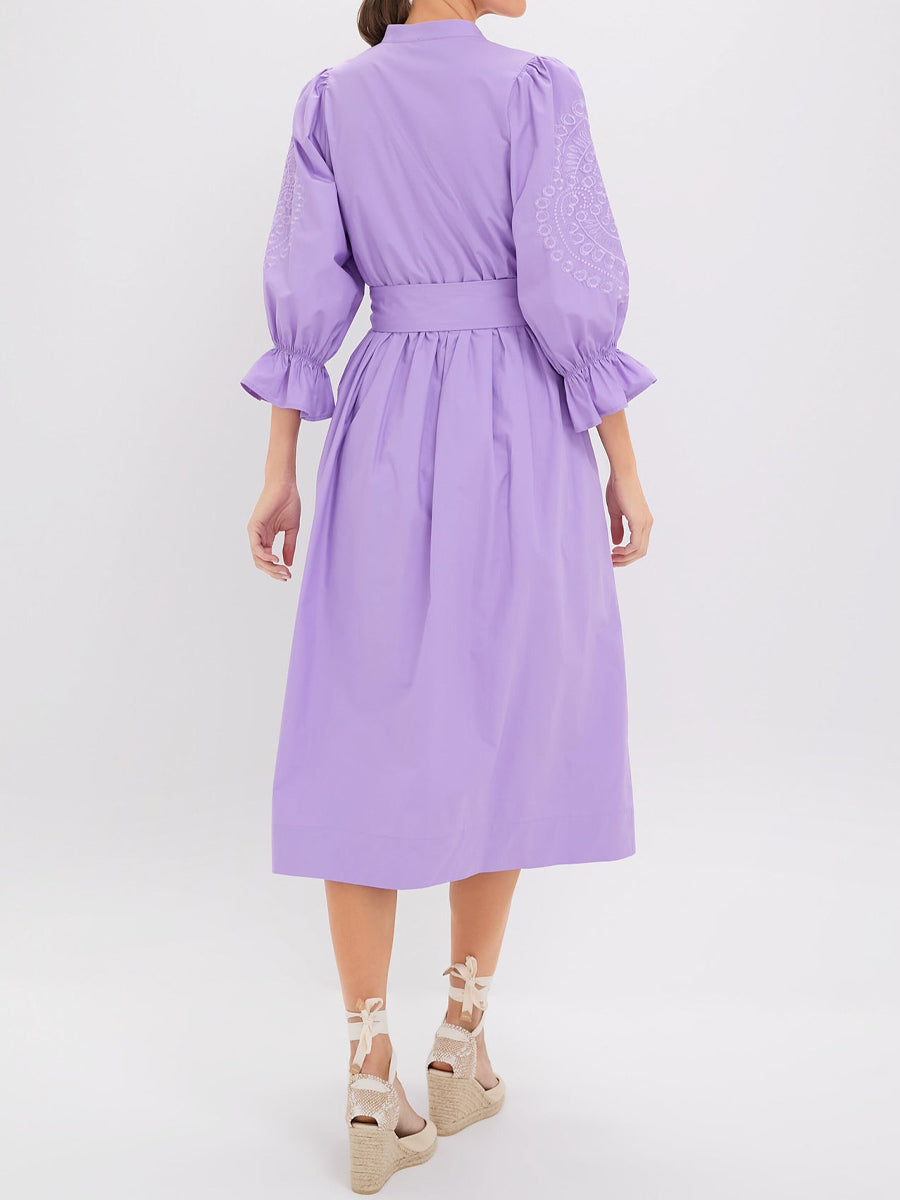 Mandarin Collar Embroidery Belted Dress