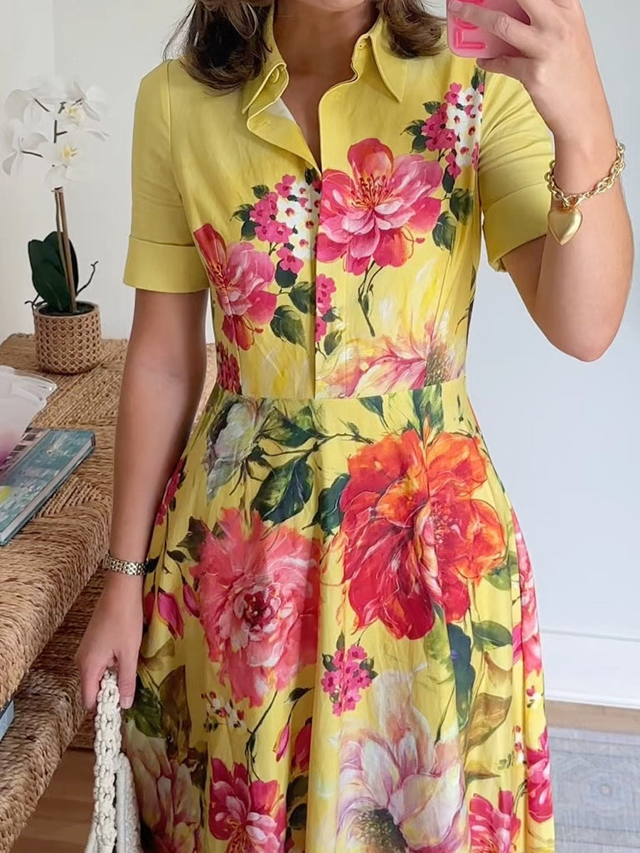 Floral Print Elegant Shirt Midi Dress