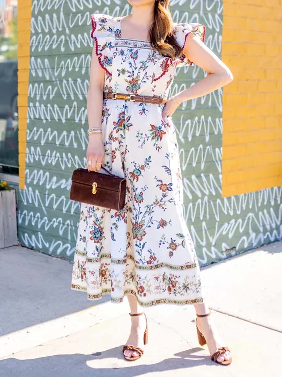 Flutter Sleeve Square Neck Printed Dress