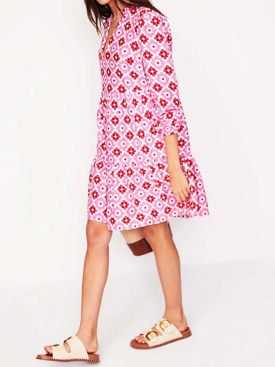 Split Neck Printed Long Sleeve Dress
