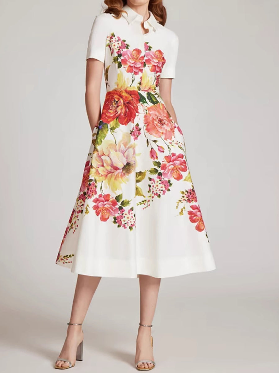 Floral Print Elegant Shirt Midi Dress