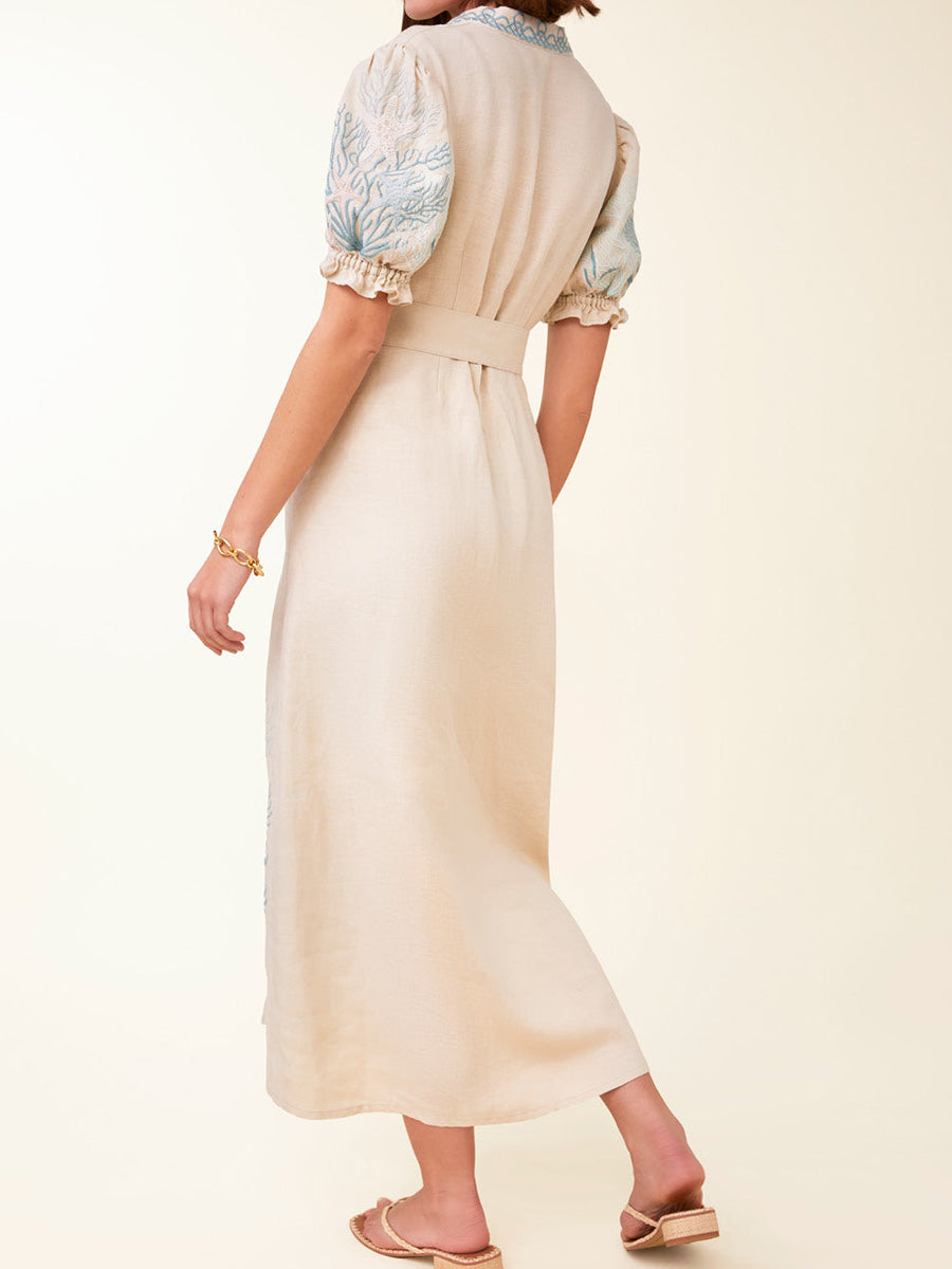 Stand Collar Embroidery Midi Dress