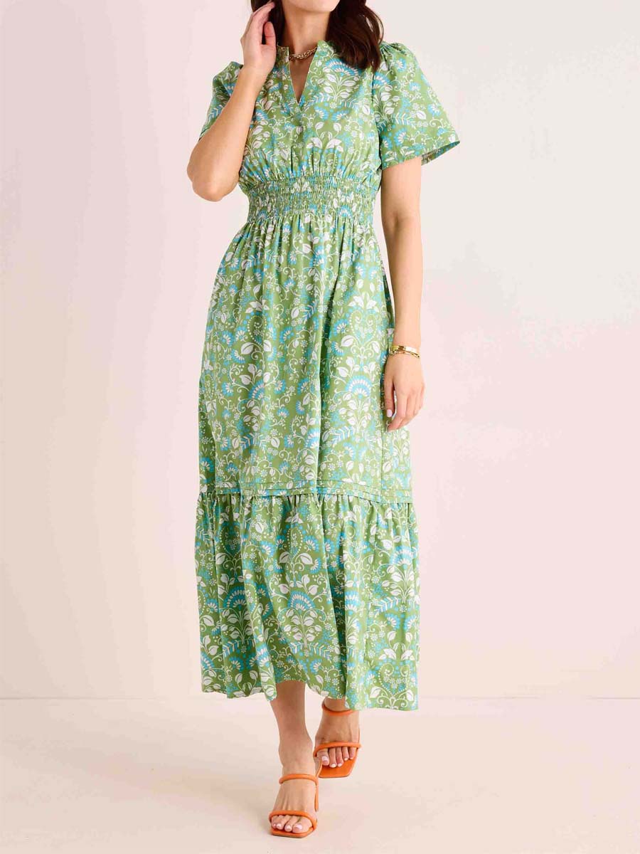 Split Neck Smocked Waist Printed Dress