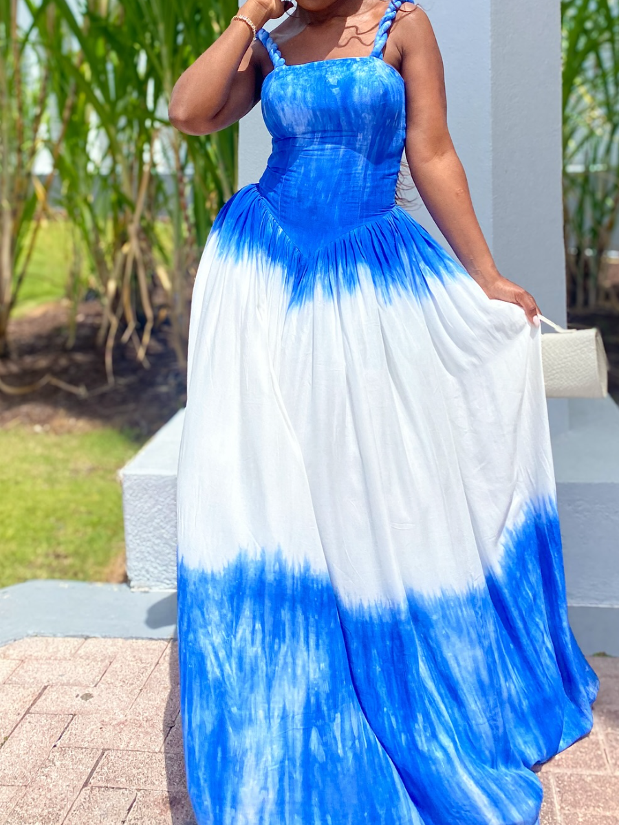 Fashionable And Fresh Strap Waist Color-block Long Dress Dress