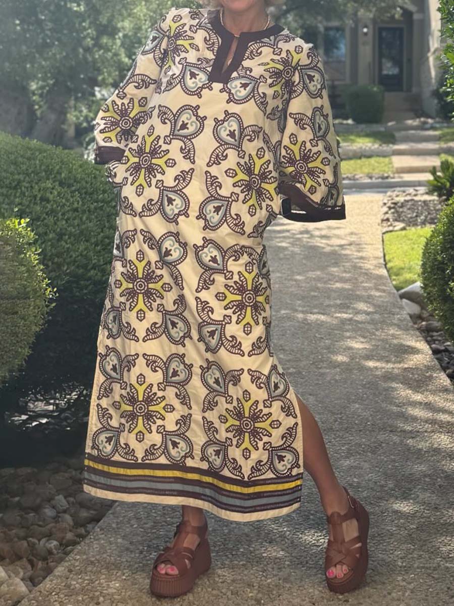 Embroidered Printed Slit Hem Maxi Dress