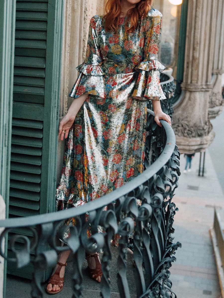 Flouced Hot Stamping Maxi Dress