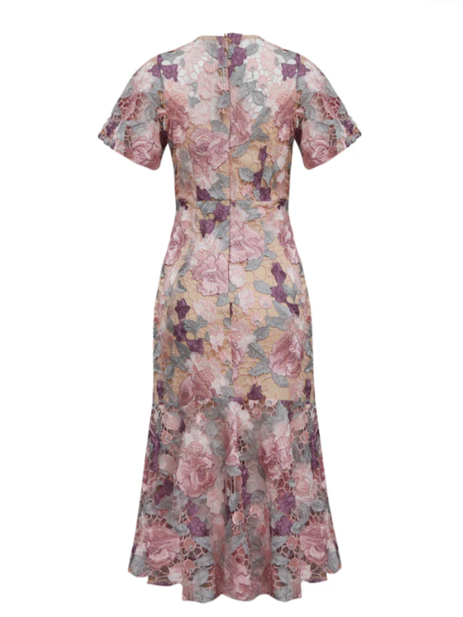 Lace Cutout Printed Crewneck Dress