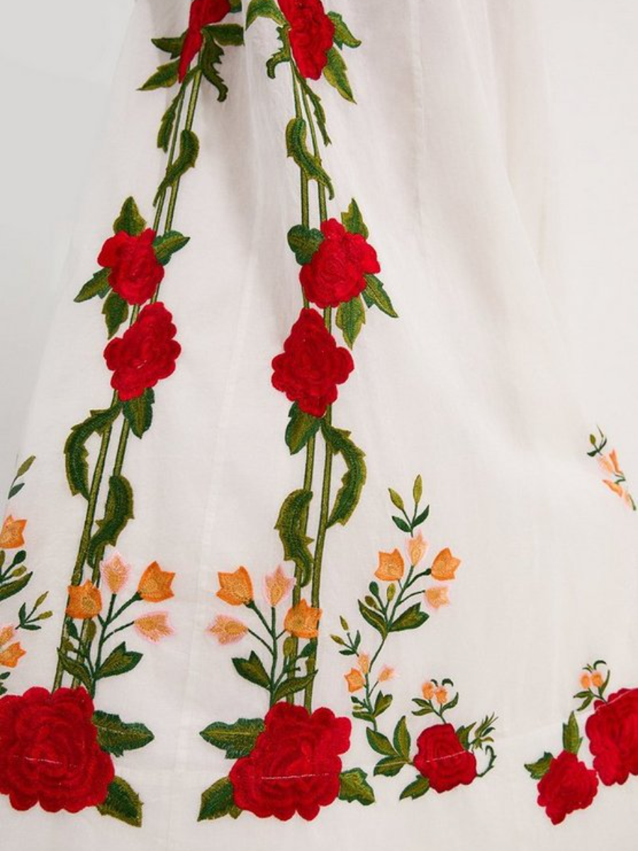 Rose Embroidered Cotton Midi Halter Dress