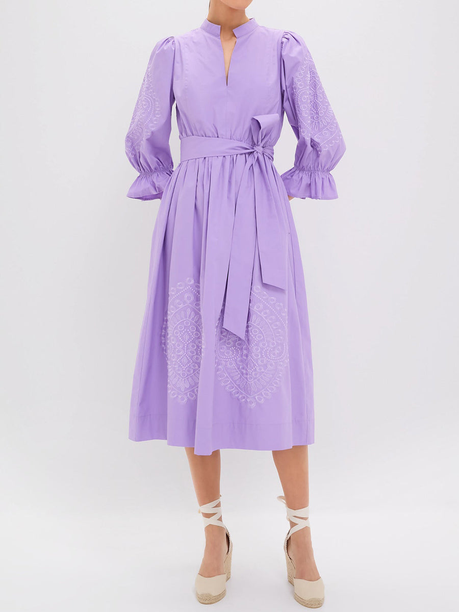 Mandarin Collar Embroidery Belted Dress