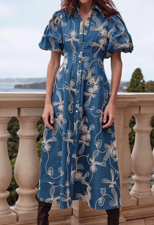 Elegant Embroidered Denim Waisted Dress