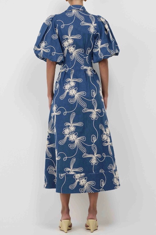 Elegant Embroidered Denim Waisted Dress
