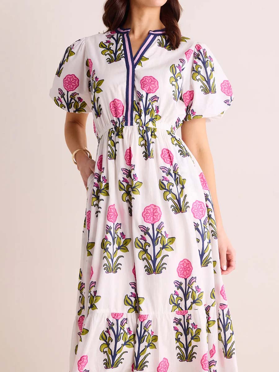 Floral Print Band Collar Tiered Dress