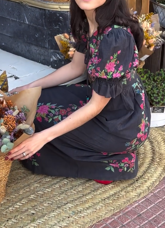 Printed Bubble Sleeve Long Dress
