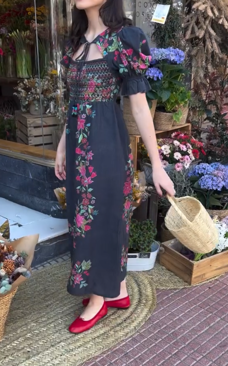 Printed Bubble Sleeve Long Dress