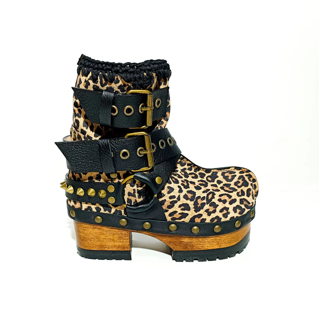 ļ¼Free shippingš„ for a limited timeļ¼Leopard - Print Studded Buckle - Strap Platform Clog Boots