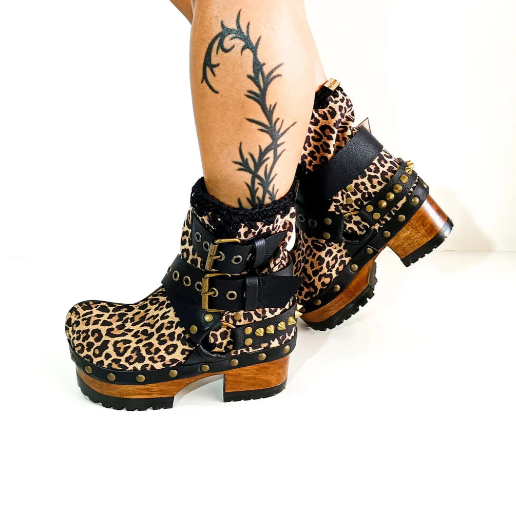ļ¼Free shippingš„ for a limited timeļ¼Leopard - Print Studded Buckle - Strap Platform Clog Boots