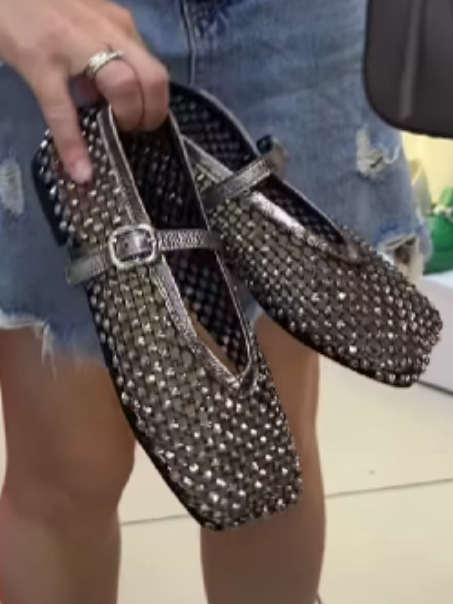 Mesh Square Rhinestone Flat Sandals
