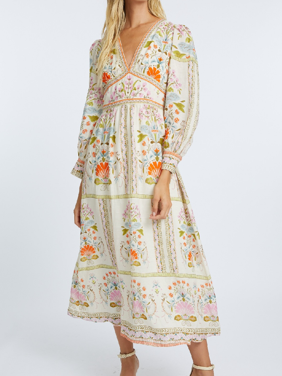 Elegant Printed V-neckline Dress