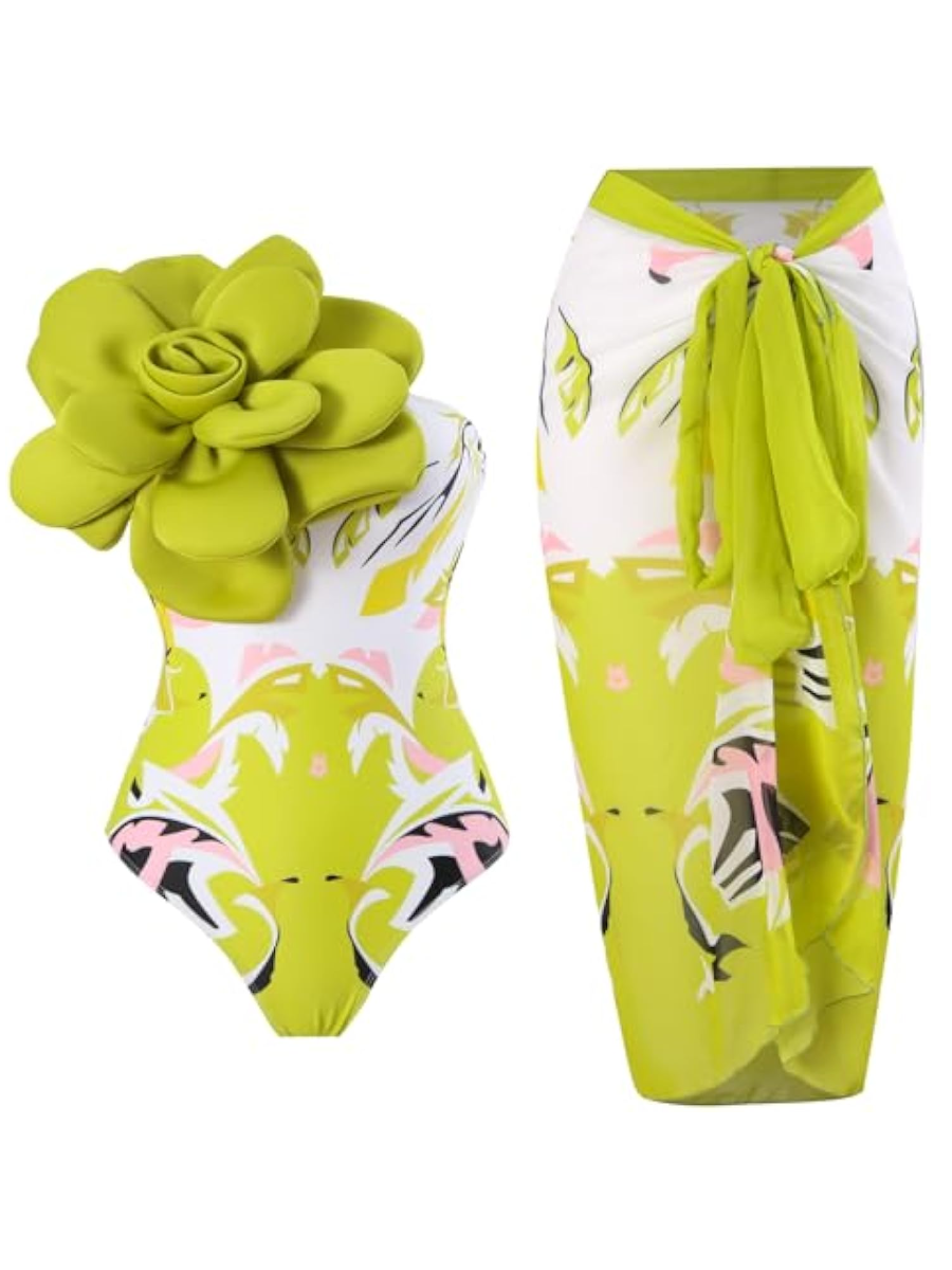 D Large Flower Embellished Printed Swimsuit Suit