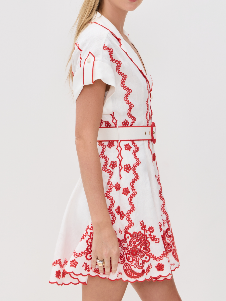 Embroidered Waisted Mini Dress