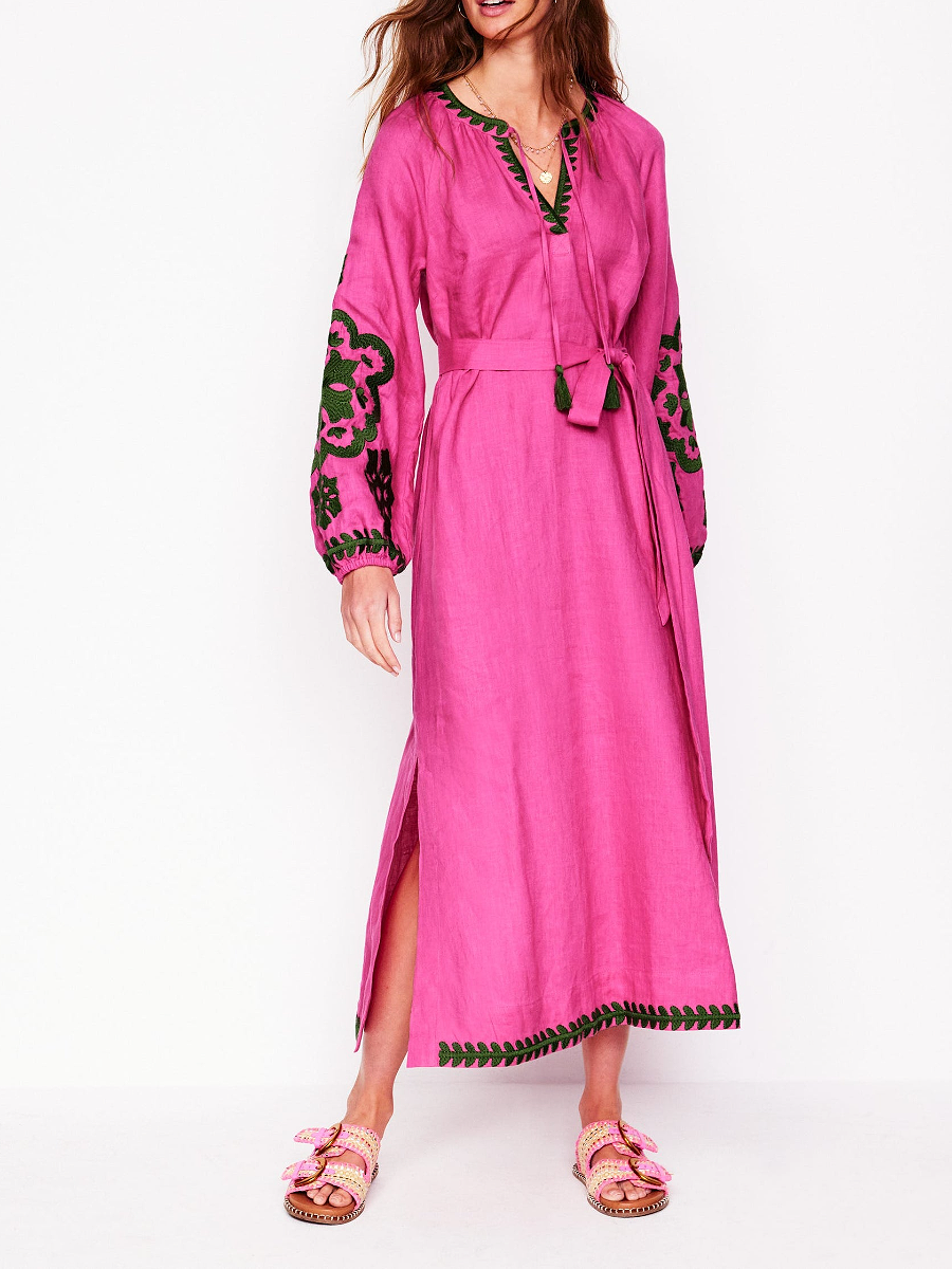 Gentle Floral Embroidered Tassel Lace-Up Dress