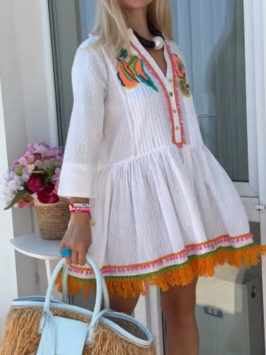 Embroidered Tasselted Skirt Mini Dress