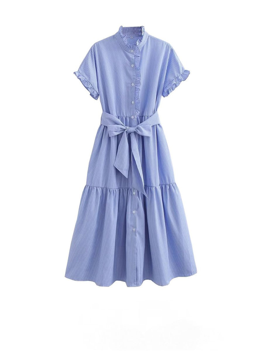 Striped Flounce Lace-up Dress