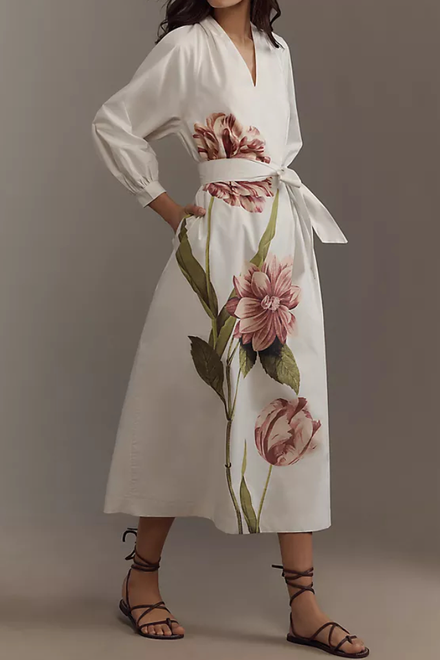 Belted V-Neck Midi Dress