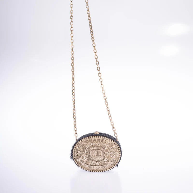 Dallas Black Leather & Pony-hair Belt Buckle Minaudière Palladium Hardware