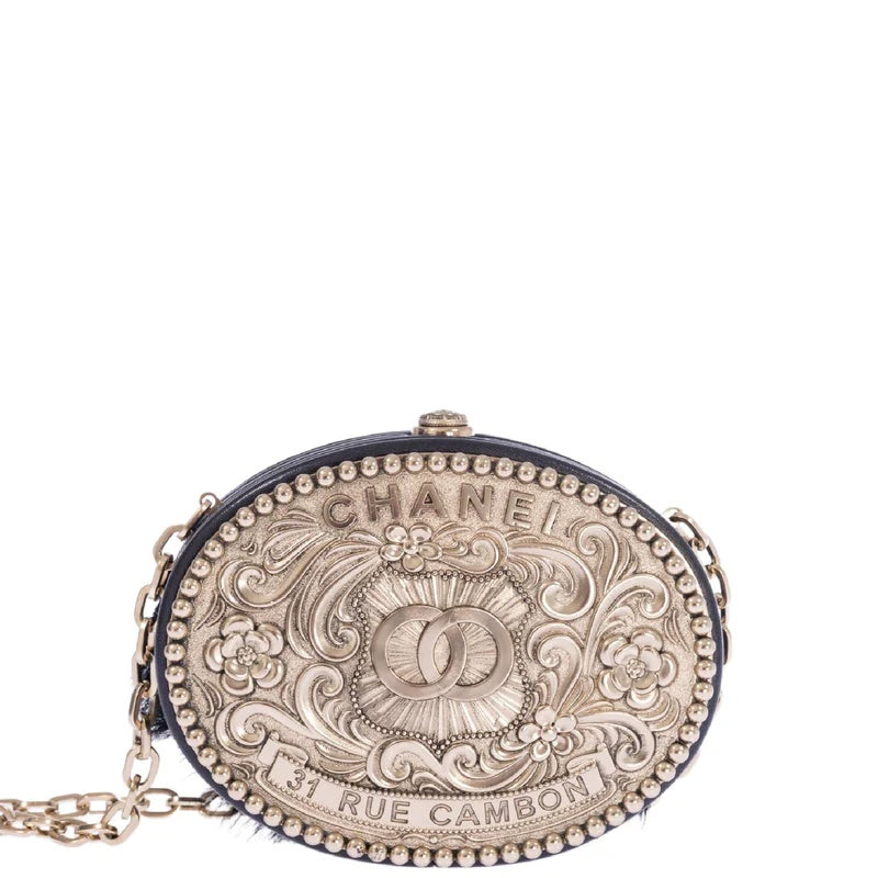Dallas Black Leather & Pony-hair Belt Buckle Minaudière Palladium Hardware