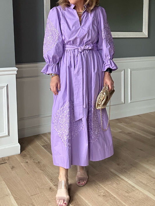 Mandarin Collar Embroidery Belted Dress