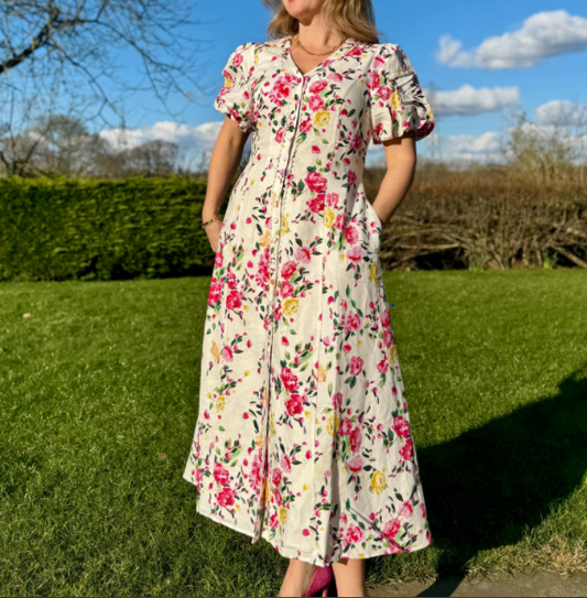 Printed Button V-Neck Dress
