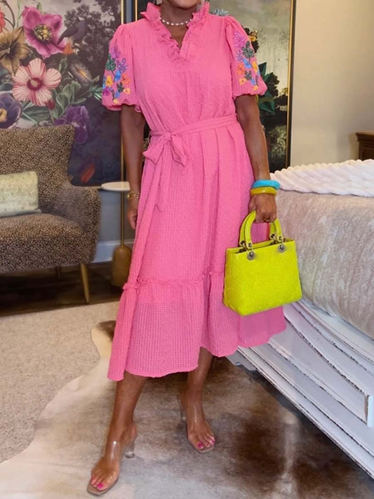 Ruffled Short Sleeve Belted Midi Dress