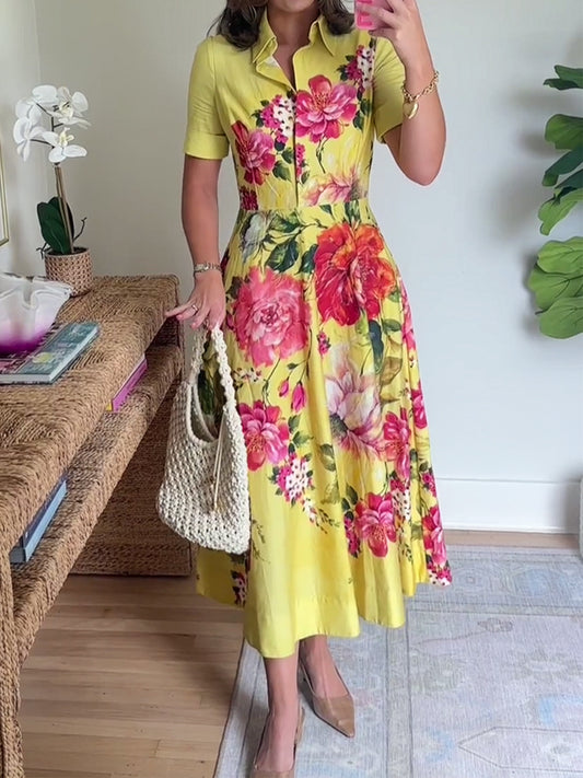 Floral Print Elegant Shirt Midi Dress