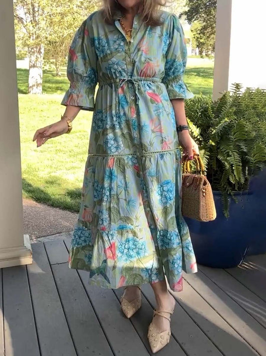 Printed Drawstring Waist Tiered Dress
